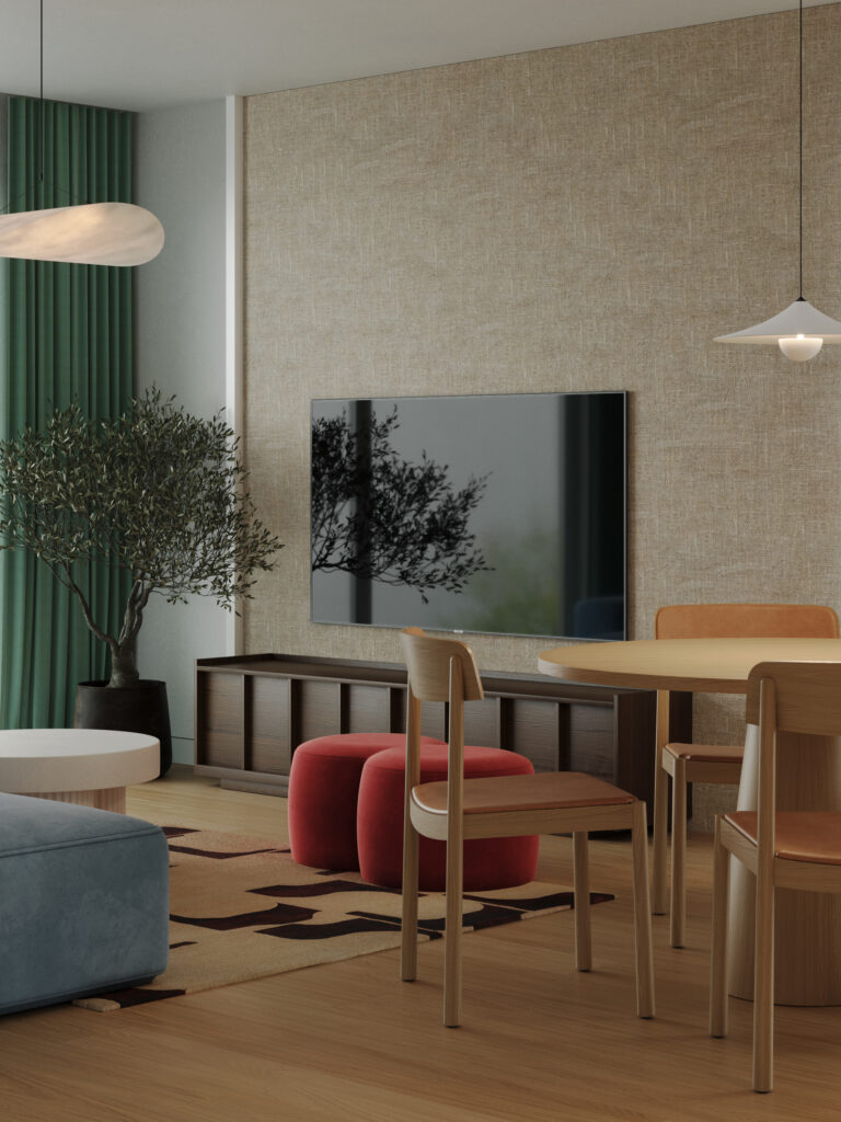 Jídelní kout s designovým stolem a židlemi v moderním bytě v Praze.