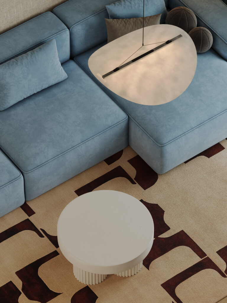 Obývací pokoj s designovými prvky v moderním interiéru bytu v Praze.